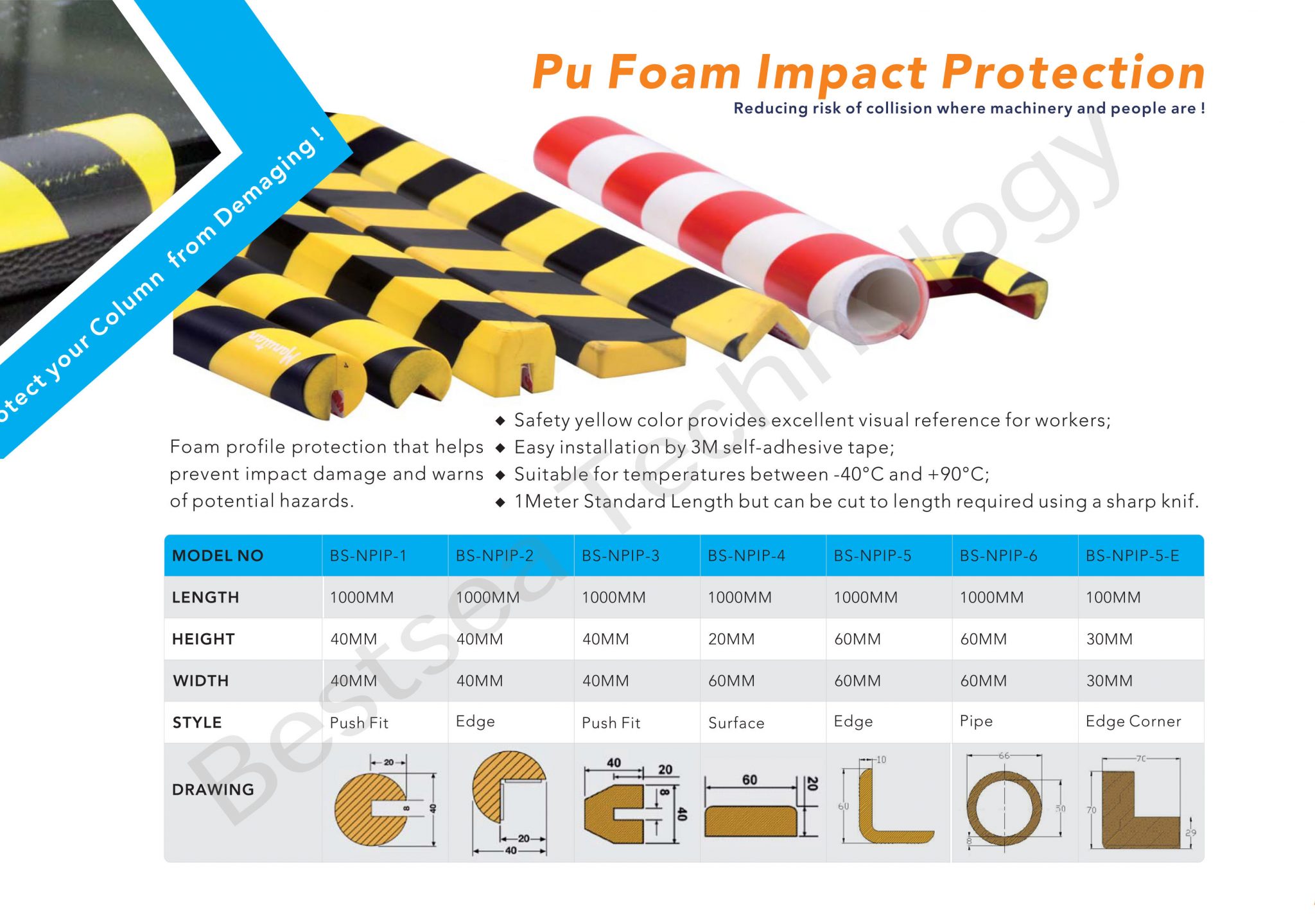 PU Foam Protection Bumper Push Fit Adhesive 1000mmL - Tysen Technologies